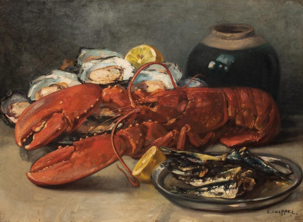 Edouard Chappel comparable auction result: edward chappel 1859 1946 still life with lobster and oysters oil on canvas 45 x 60 cm 17 7 x 23 6 in frame 76 x 91 cm 29 9 x 35 8 in