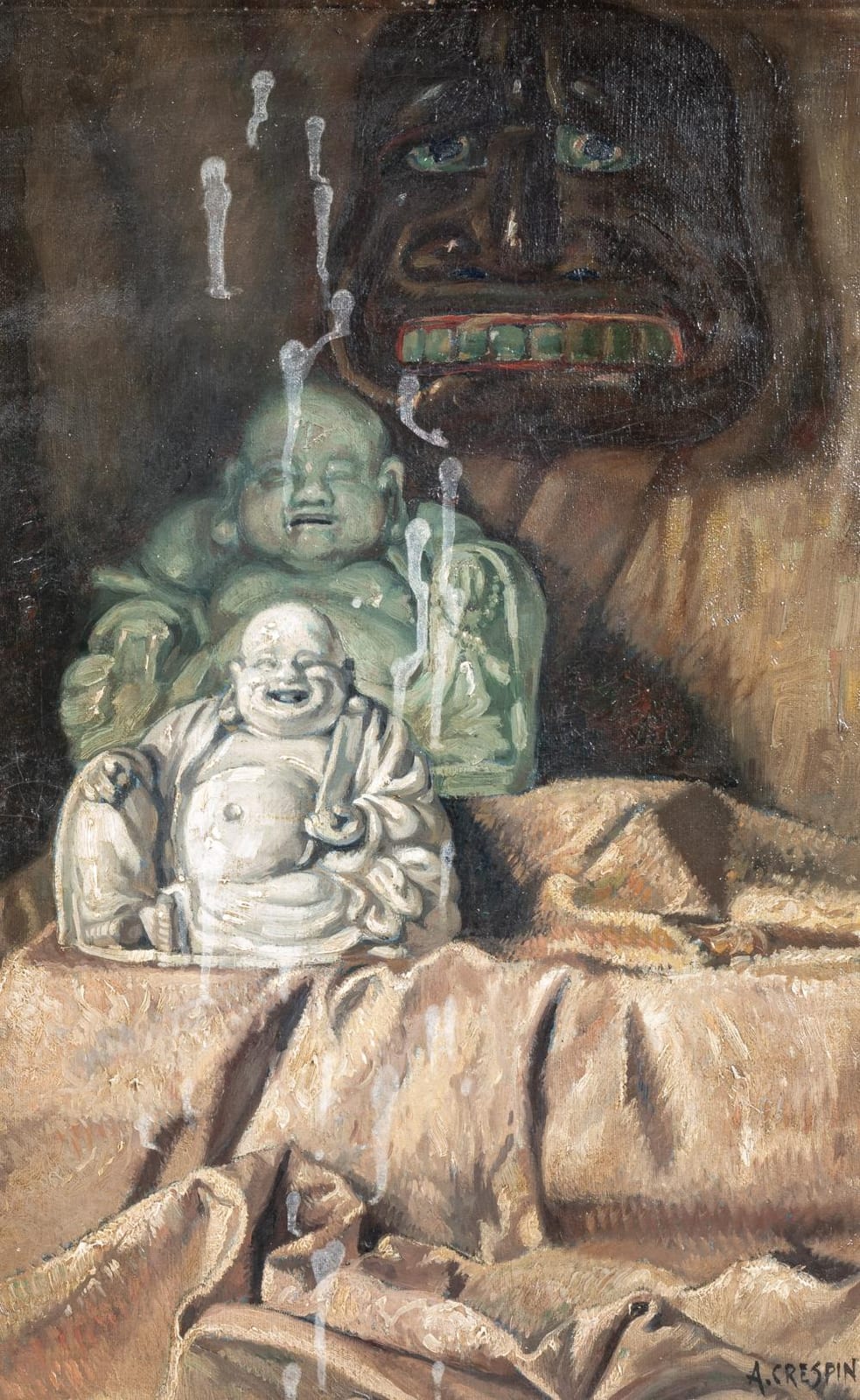 Adolphe Crespin comparable auction result: adolphe crespin 1859 1944 still life with budai figures oil on canvas 60 x 40 cm 23 6 x 15 3 4 in frame 55 x 77 cm 21 6 x 30 3 in