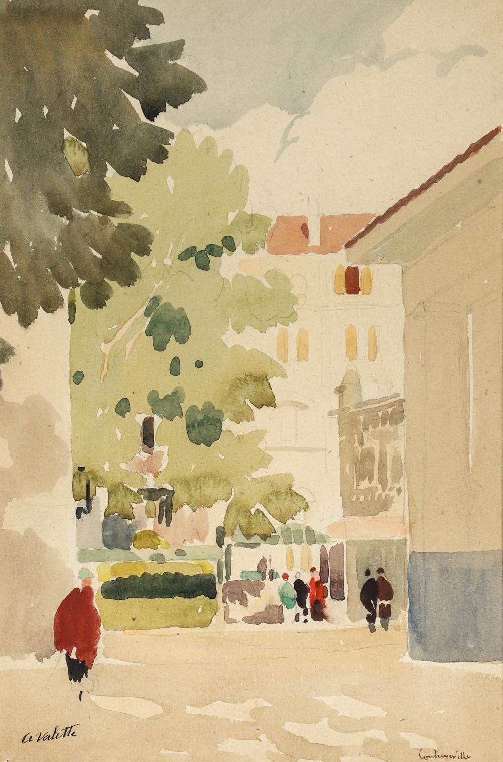 Adolphe Valette comparable auction result: adolphe valette watercolor street contrexeville