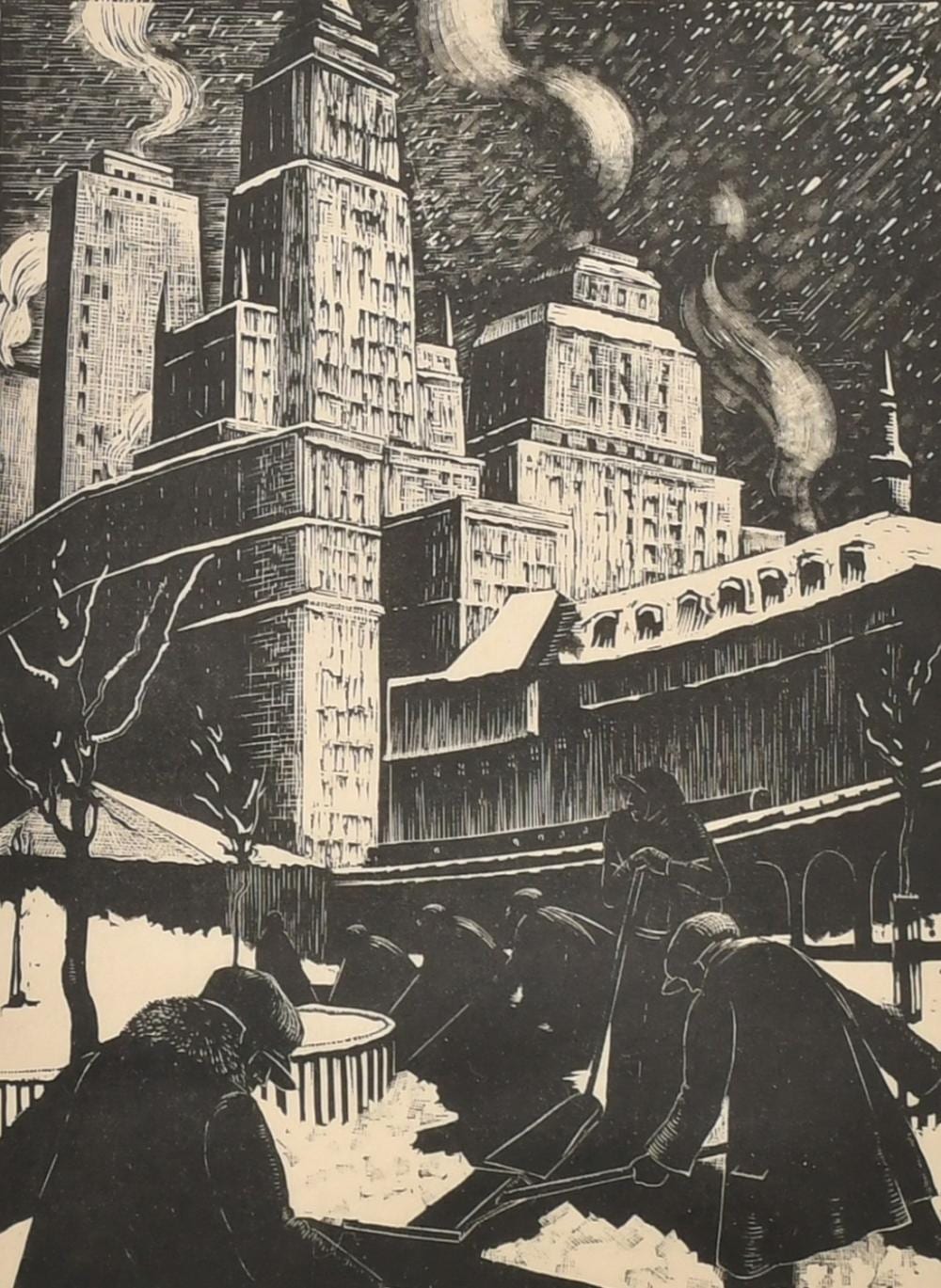 Claire Leighton comparable auction result: claire leighton 1898 1989 snow shovelers new york black and white print 8 x 6 20x17cm along with fiv