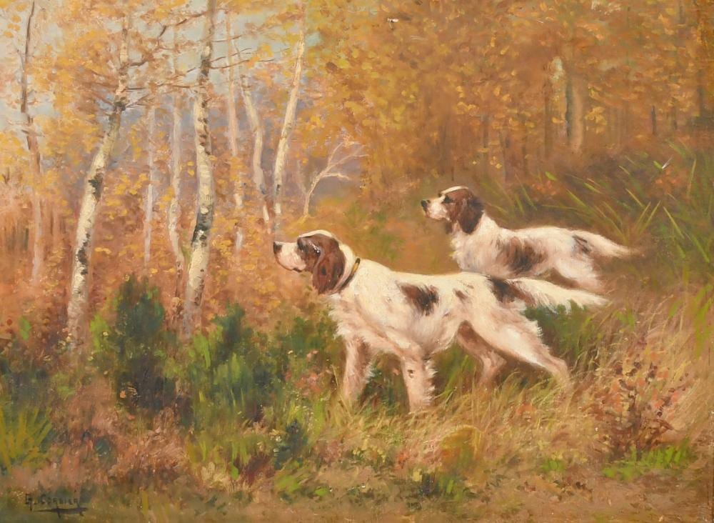Gaston Corbier comparable auction result: gaston corbier 1869 1945 french two hunting dogs in a forest glade oil on canvas signed 19 75 x 25 5