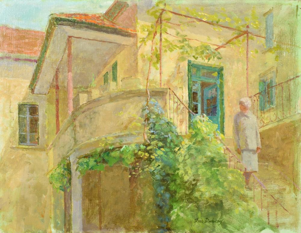 Fred Dubery comparable auction result: fred dubery 1926 2011 a female figure walking down the steps of a continental building oil on board signe