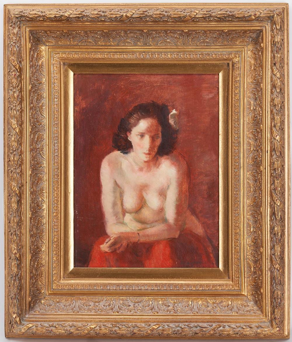 Loran Wilford comparable auction result: loran wilford oil on board painting of nude woman