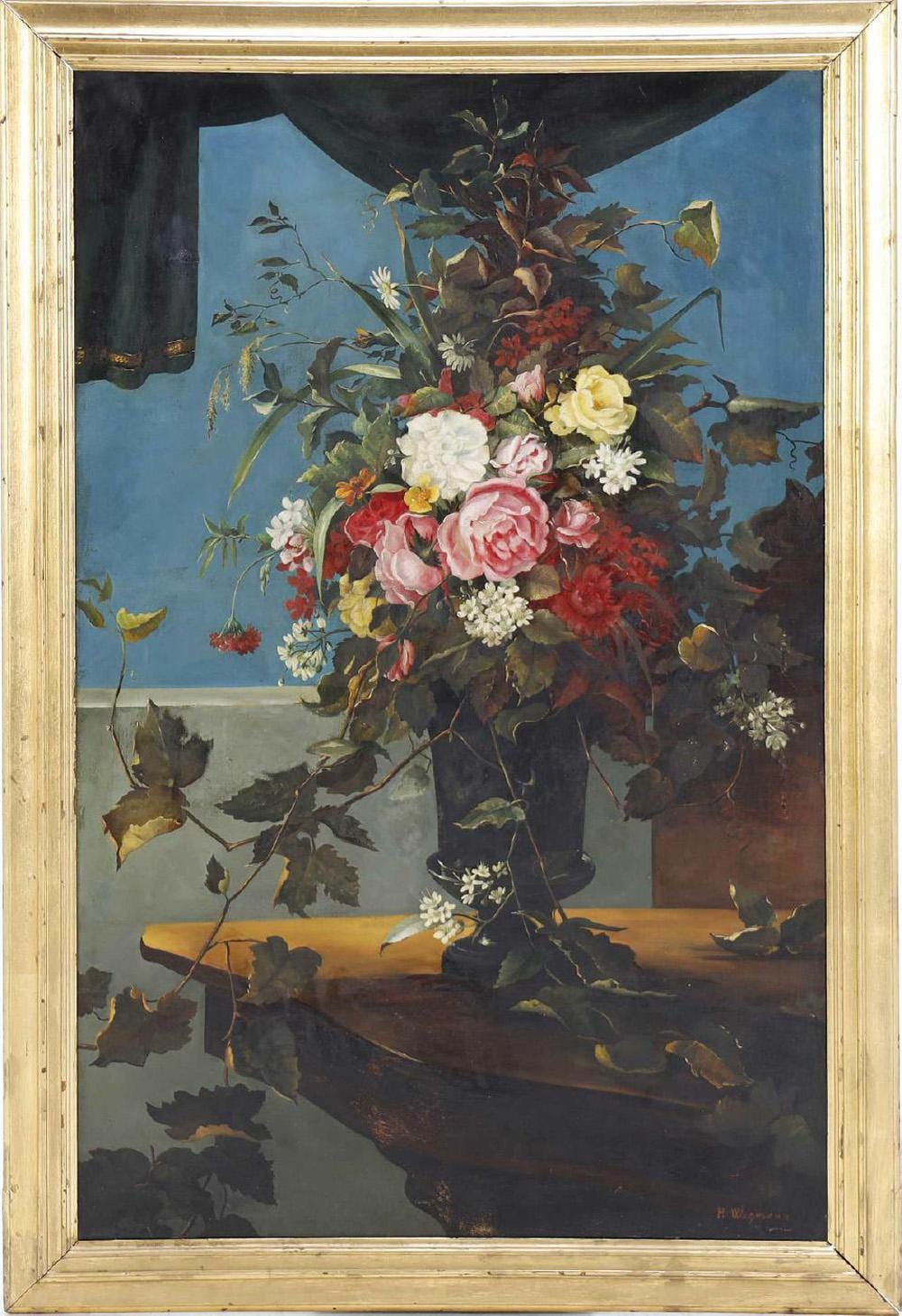 Bertha Wegmann comparable auction result: bertha wegmann 1846 1926 opstilling med stor buket med roser frugtblomster og l v i vase
