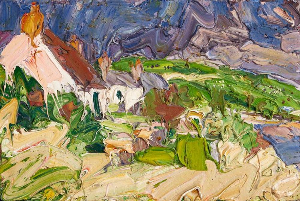 George Rowlett comparable auction result: george rowlett british b 1941 widow s row dundrum with sheep and cattle on the hill 1997