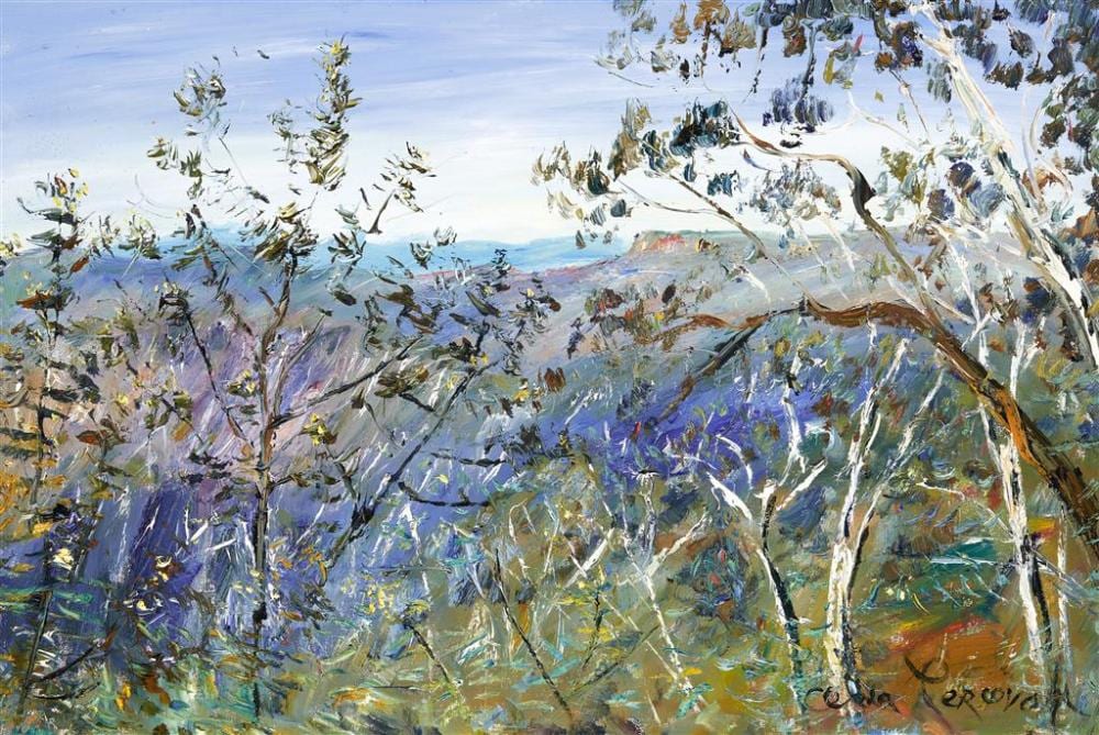 CELIA PERCEVAL (1949 - ) Wattle in Blue Mountains oil on canvas 59.5 x 89 cm (frame: 76 x 106 x 6 cm) signed lower right; Holdsworth... sold by Lawsons, lot 505 — auction record photograph