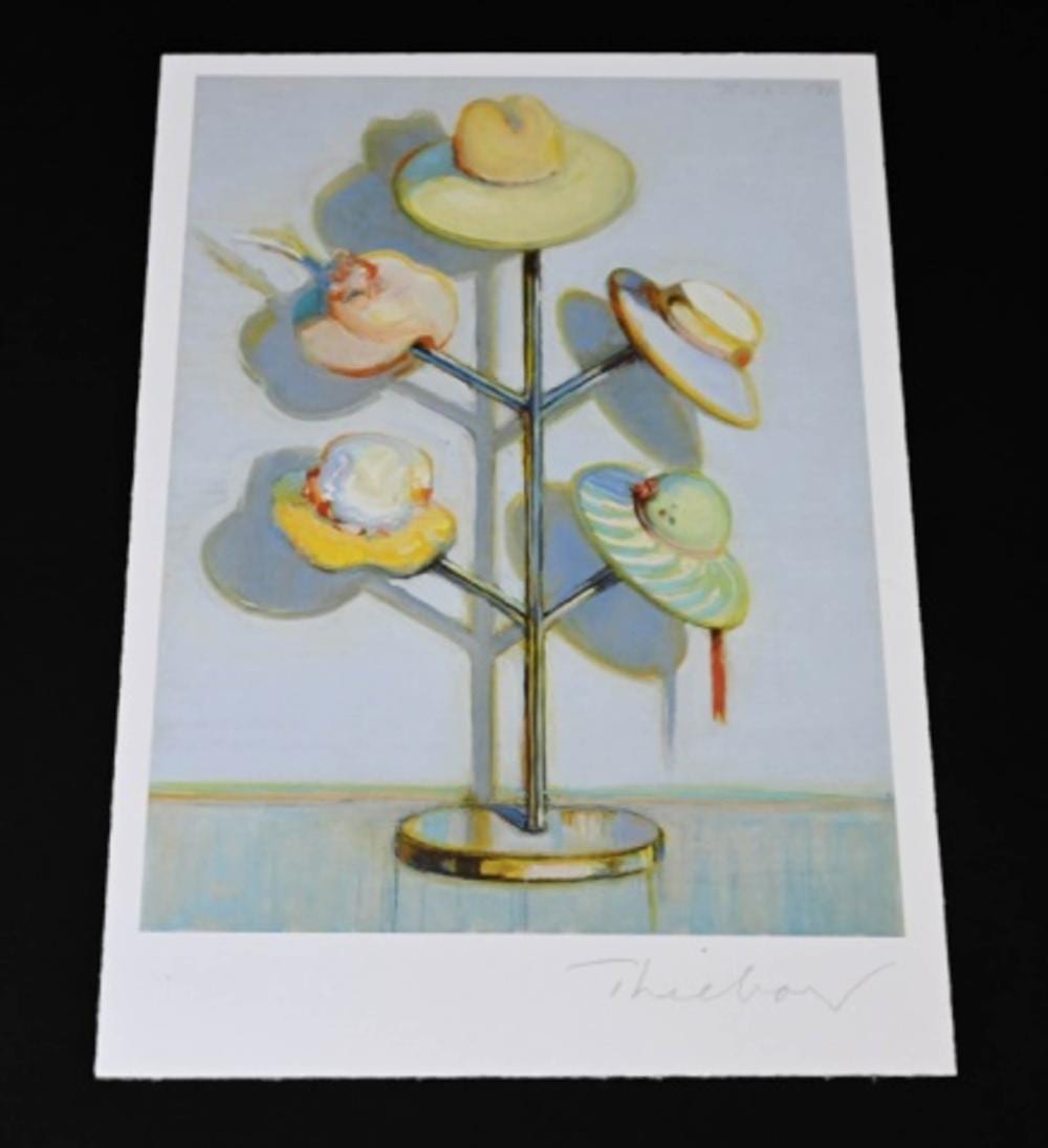 Colorful flower still life print showing a central metal stem with five hat-like blooms and a small circular base, framed by white matting.