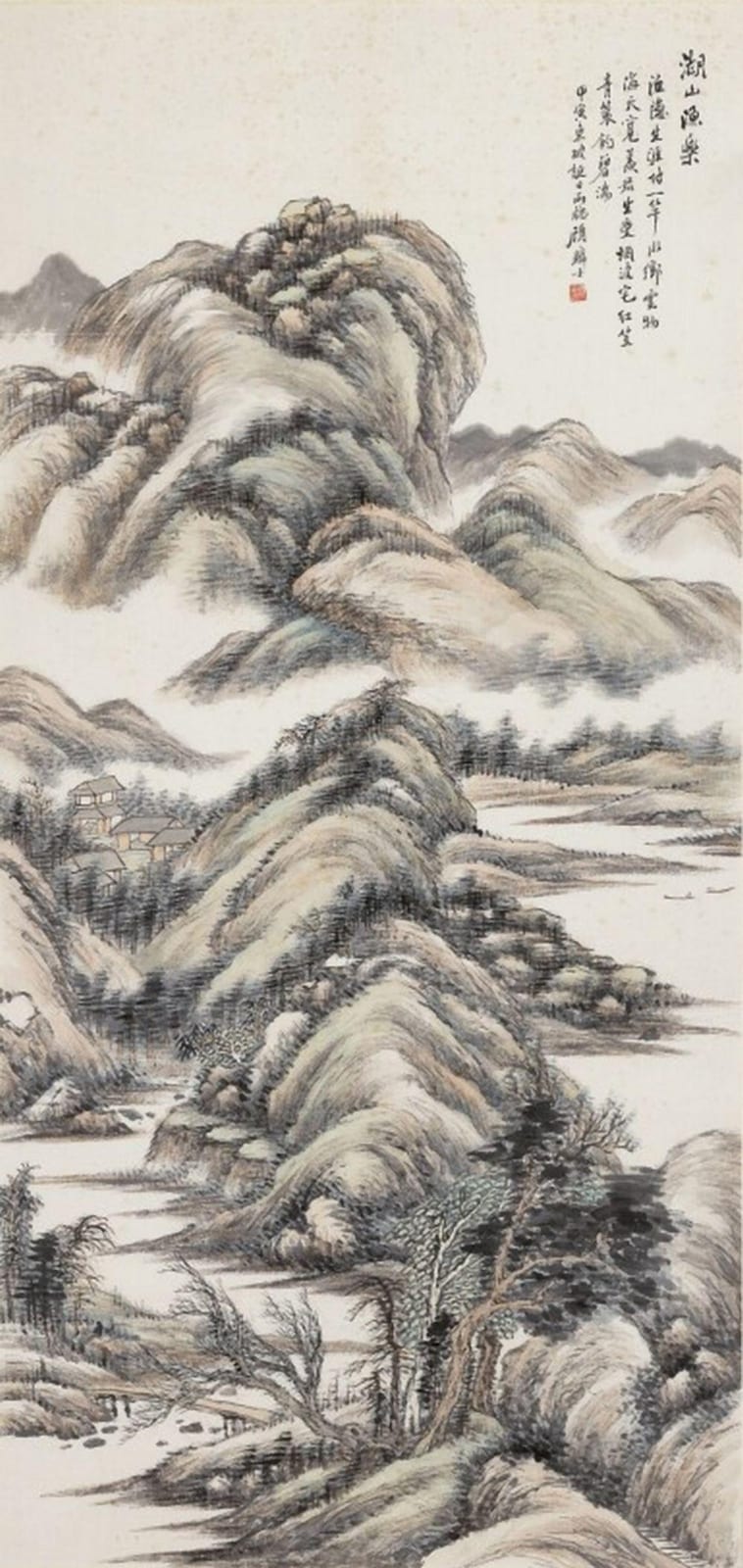 Linshi Gu comparable auction result: gu linshi the joy of fishing among lake and mountains ink and color on paper hanging scroll