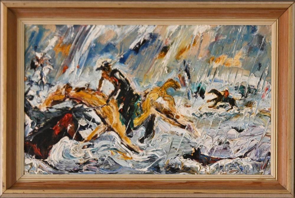 Gil Jamieson comparable auction result: gil jamieson men and horses oil on canvas signed lower right 39 5 x 64cm frame size 52 x 77cm provenance john gild gallerie