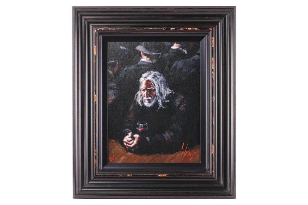 Fabian Perez (b. 1967) Argentinian, 'Study for untitled II' (gentleman with a glass of wine), numbered 9/150 and signed, embellished giclée print on canvas, no certificate of authenticity, 45 cm x 30.5 cm, frame 63.5 cm x 54 cm. sold by Dawsons Auctioneers, lot 54 — auction record photograph