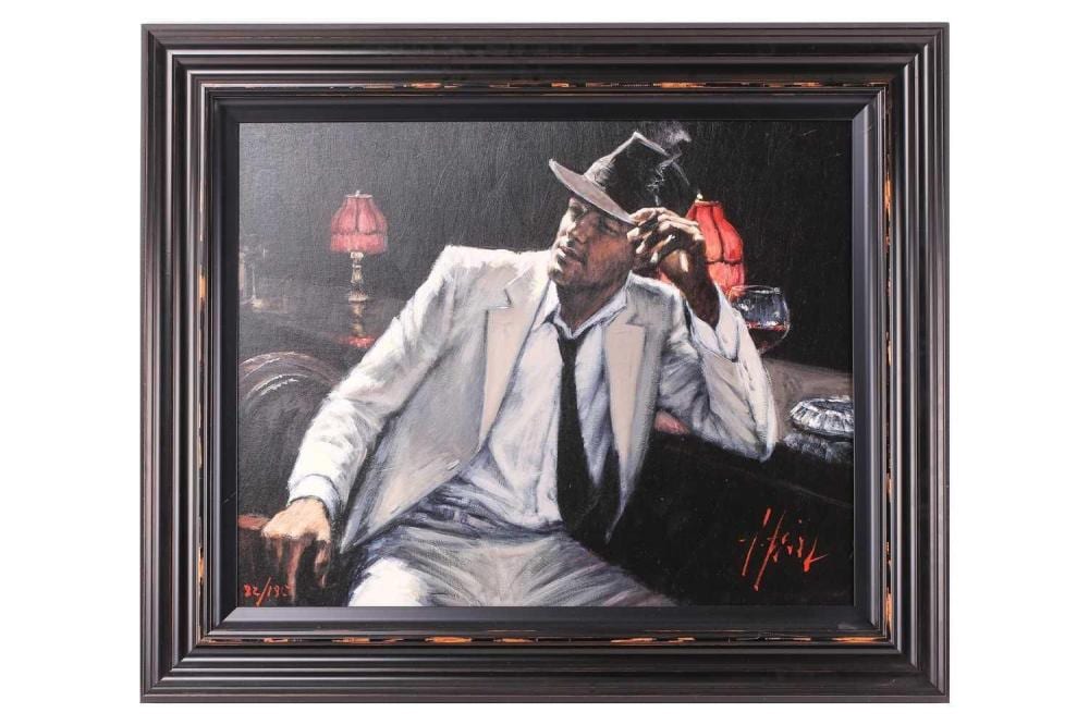 Fabian Perez (b.1967) Argentinian, 'Man in white suit V', numbered 82/195, hand embellished giclée print on canvas, certificate of authenticity, DeMontfort Fine Art, 59 cm x 74.5 cm, framed 82.5 cm x 98 cm. sold by Dawsons Auctioneers, lot 59 — auction record photograph