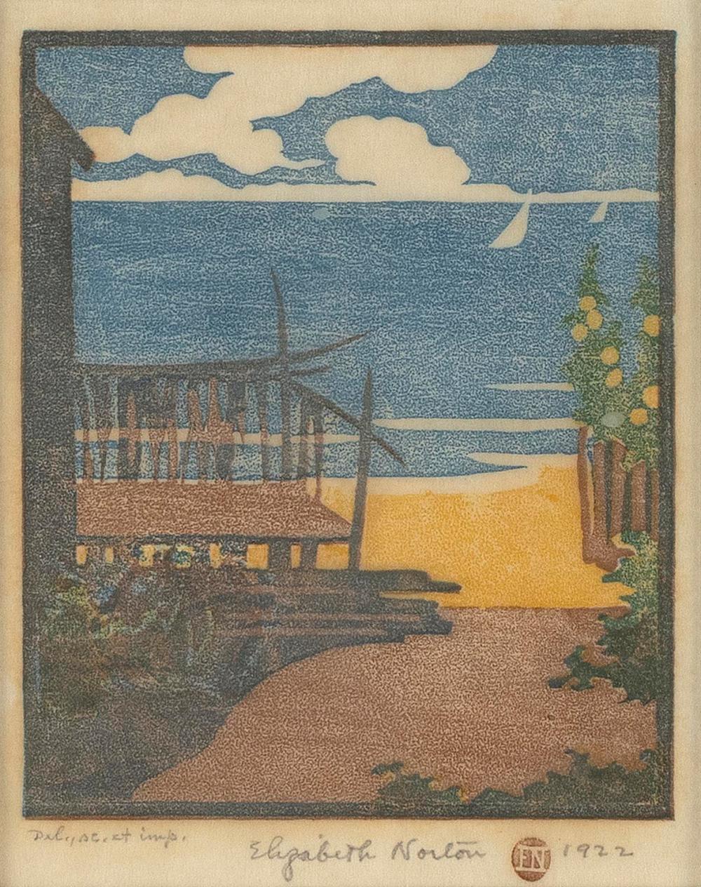 Elizabeth Norton comparable auction result: elizabeth norton california illinois 1887 1985 beach provincetown 1922 color woodcut 16 x 5 framed 21 x 17
