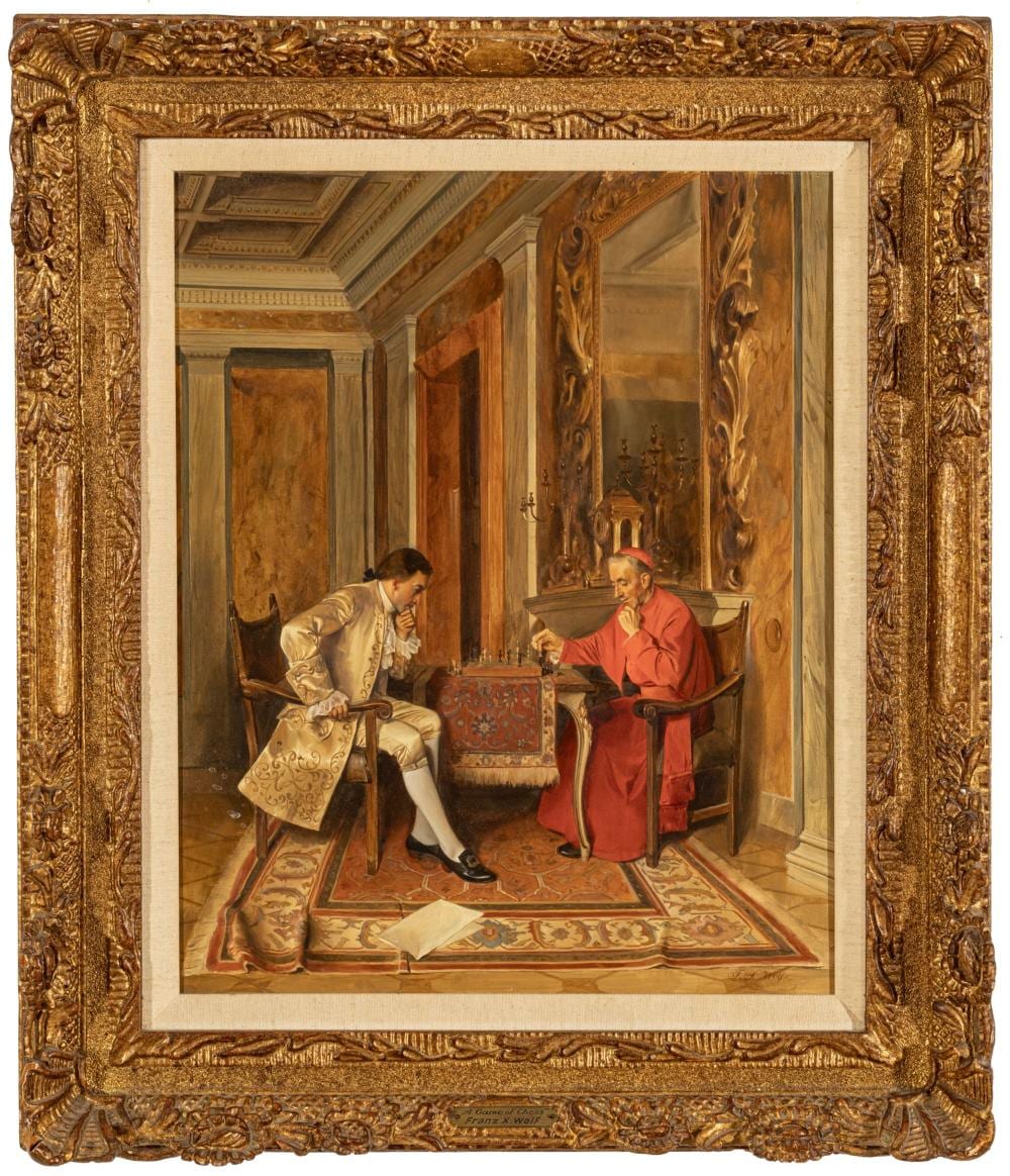 Franz Xaver Wolf comparable auction result: franz xaver wolf austrian 1896 1990 oil on panel a game of chess h 19 75 w 15 75