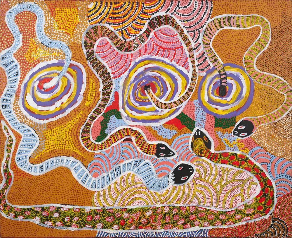 Cliff Reid comparable auction result: cliff reid c 1947 2010 language group ngaanyatjarra lirru 2004 synthetic polymer paint on canvas 122 x 150cm