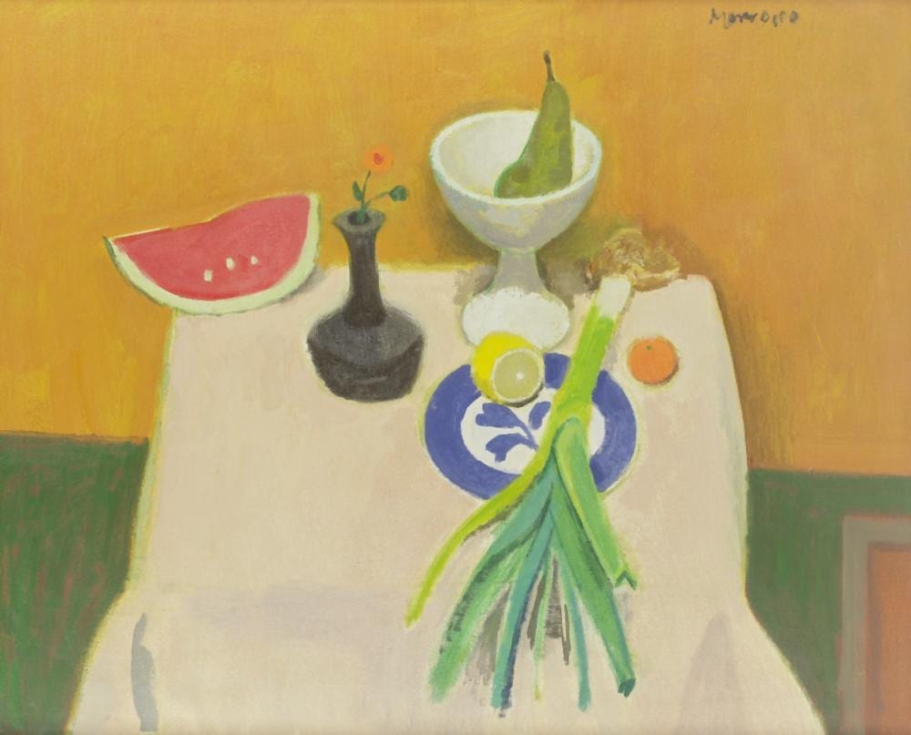 Alberto Morrocco comparable auction result: alberto morrocco scottish 1917 1998 still life with leek and watermelon
