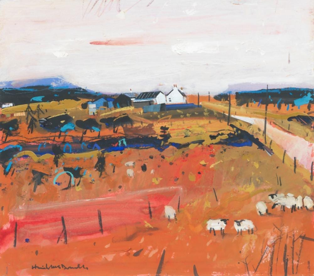 Hamish MacDonald comparable auction result: hamish macdonald british 1935 2008 red fields with sheep