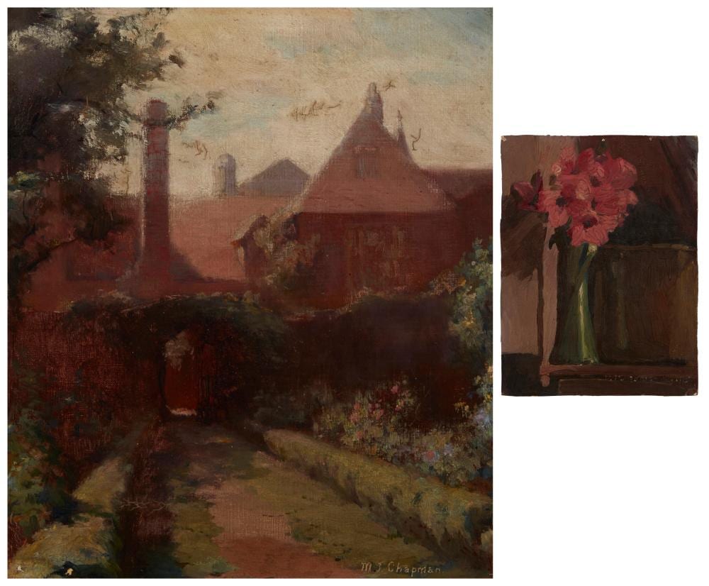 Minerva Josephine Chapman comparable auction result: minerva josephine chapman 1858 1947 path leading to a house and vase of flowers 1910 two oils on canvas first 15 h x 13 w second 9 75 h x 7 375 w