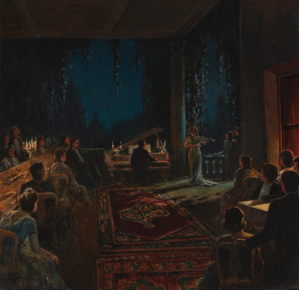 Clarkson Dye comparable auction result: clarkson dye 1869 1955 evening dinner party with musicians oil on masonite 17 75 h x 18 w
