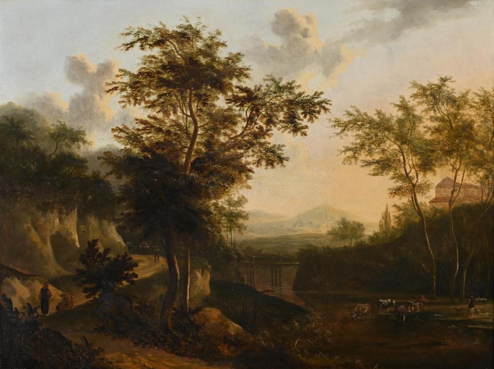 frederik de moucheron dutch 1633 1686 an italianate landscape with cattle watering · Dreweatts 1759 Fine Sales · 2023-10-18 Frederik de Moucheron comparable auction result: frederik de moucheron dutch 1633 1686 an italianate landscape with cattle watering
