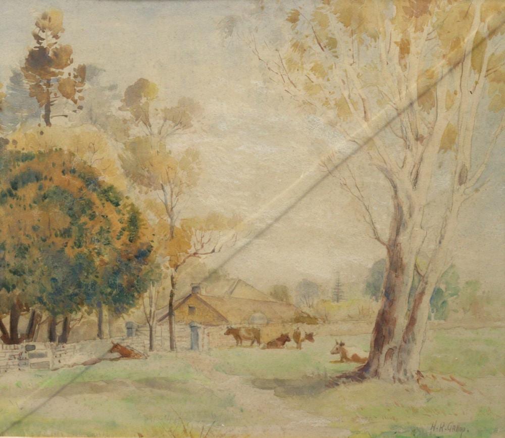 herbert reginald gallop 1890 1958 framed watercolour rural scene signed lower right h r gallop approx 40cm x 35cm glass as found · Albion Antique Auction Centre · 2023-10-05 Herbert Gallop comparable auction result: herbert reginald gallop 1890 1958 framed watercolour rural scene signed lower right h r gallop approx 40cm x 35cm glass as found
