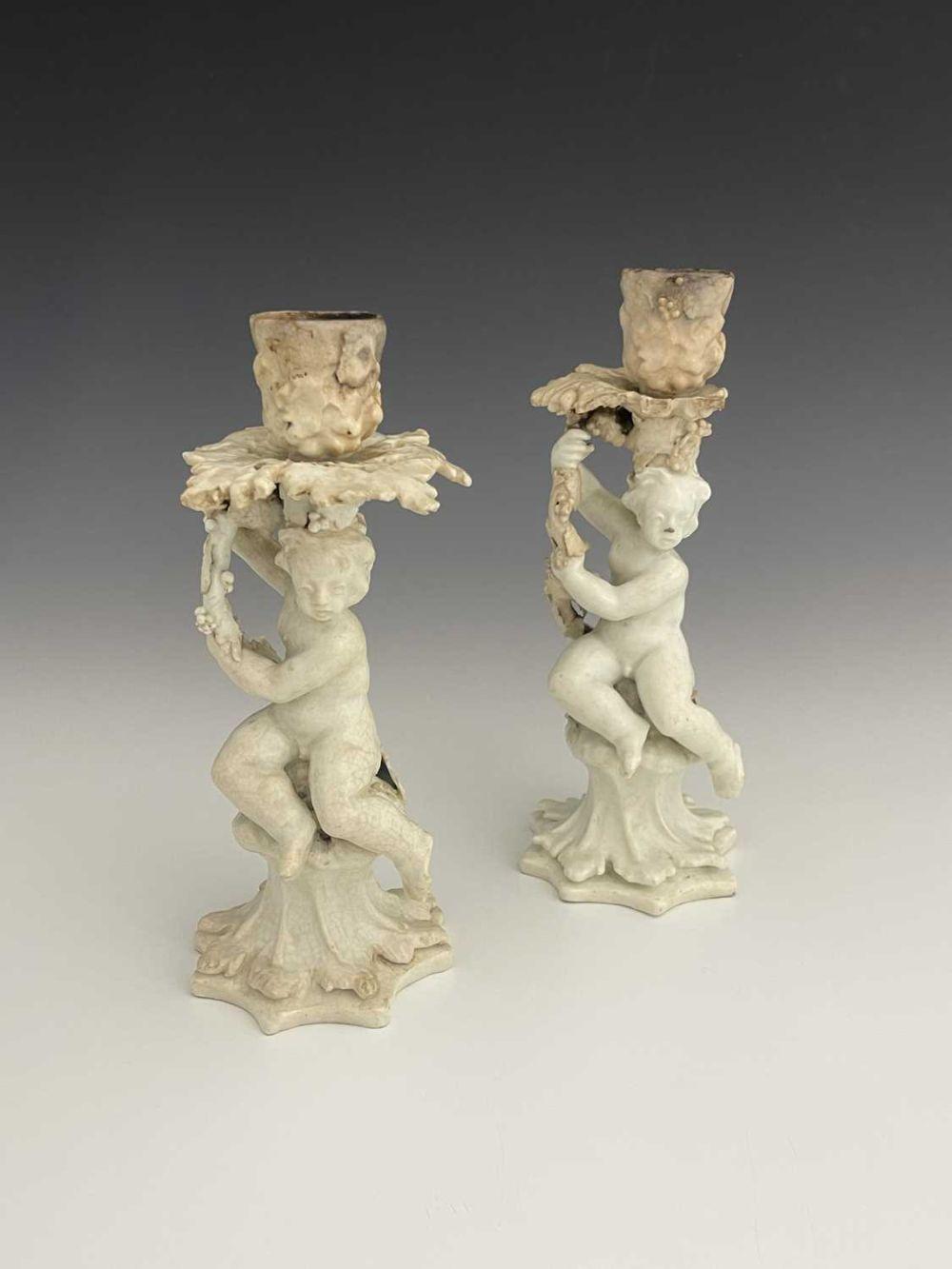 A very rare pair of Bow Porcelain candle sold by Kinghams Auctioneers, lot 1007 — auction record photograph