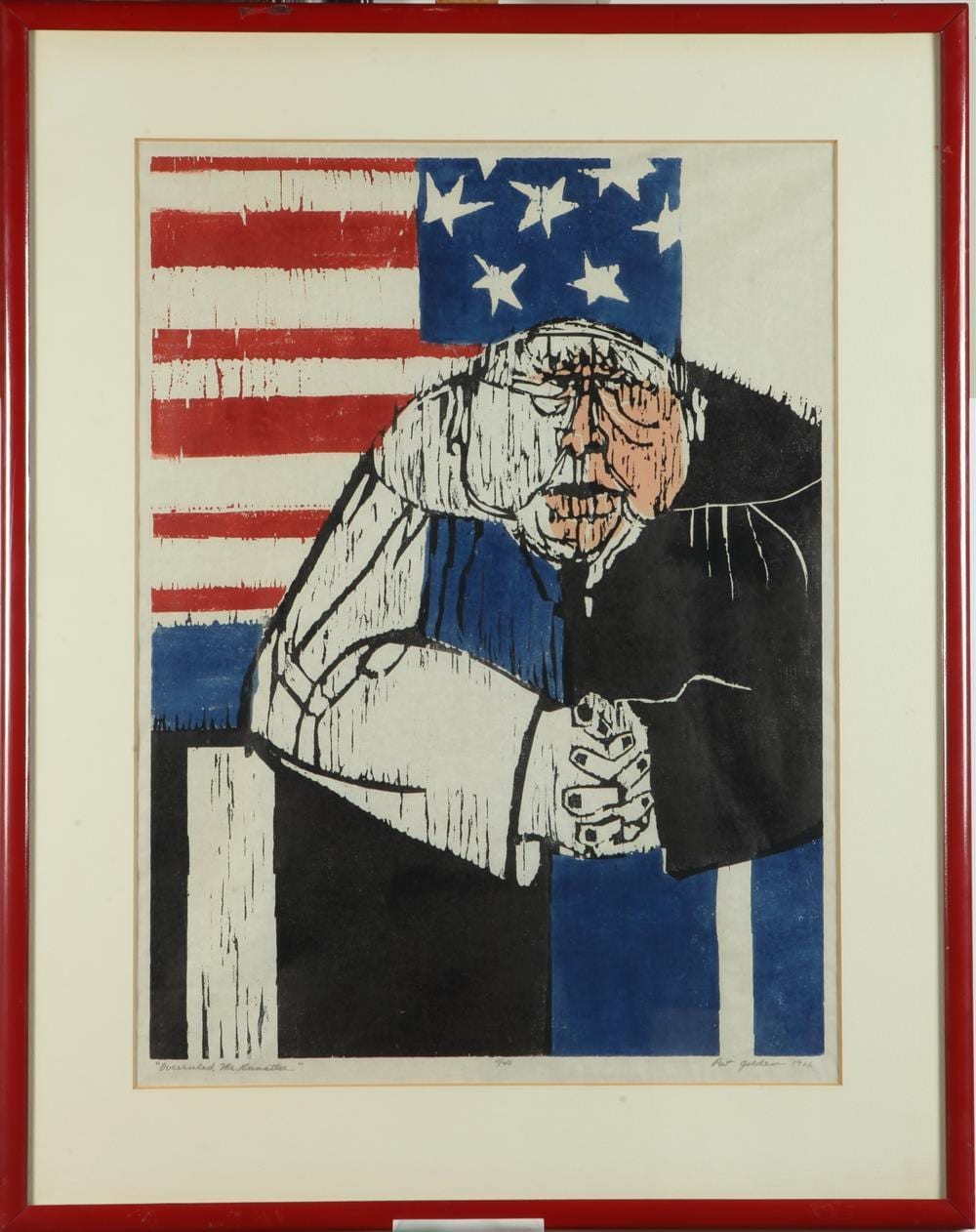 Patricia Golden comparable auction result: pat golden american 1943 1991 overruled mister kunstler 1966 limited edition colored woodcut numbered 11 of an edition of 40