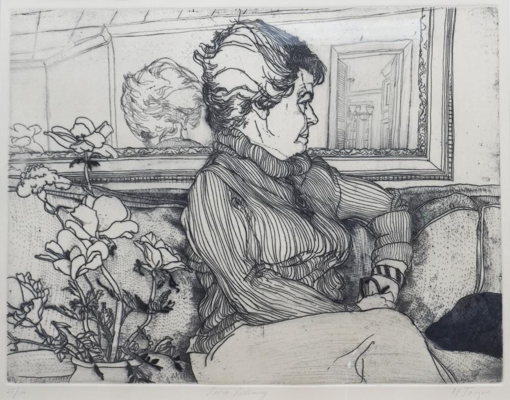 michael louis jacques american b 1945 laura listening etching signed l r titled l c and numbered 25 100 l l frame 26 1 2 x 30 3 4 in 67 3 x 78 1 cm · Weschler's · 2023-10-03 Michael Louis Jacques comparable auction result: michael louis jacques american b 1945 laura listening etching signed l r titled l c and numbered 25 100 l l frame 26 1 2 x 30 3 4 in 67 3 x 78 1 cm