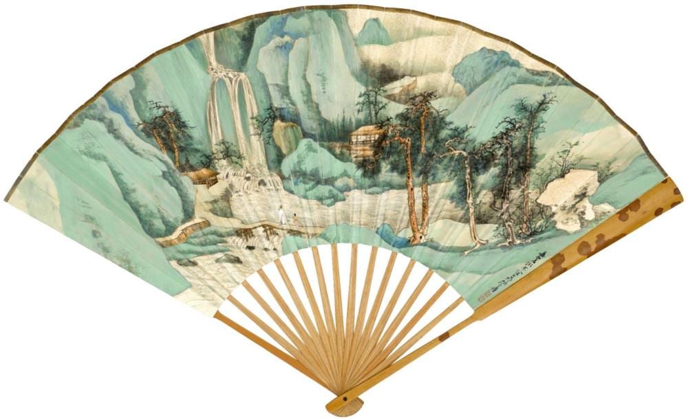 張大千 儗宋人青綠山水扇、行書自寫詞 | Zhang Daqian (Chang Dai-chien, 1899-1983), Landscape after Song Master; Calligraphy comparable sale