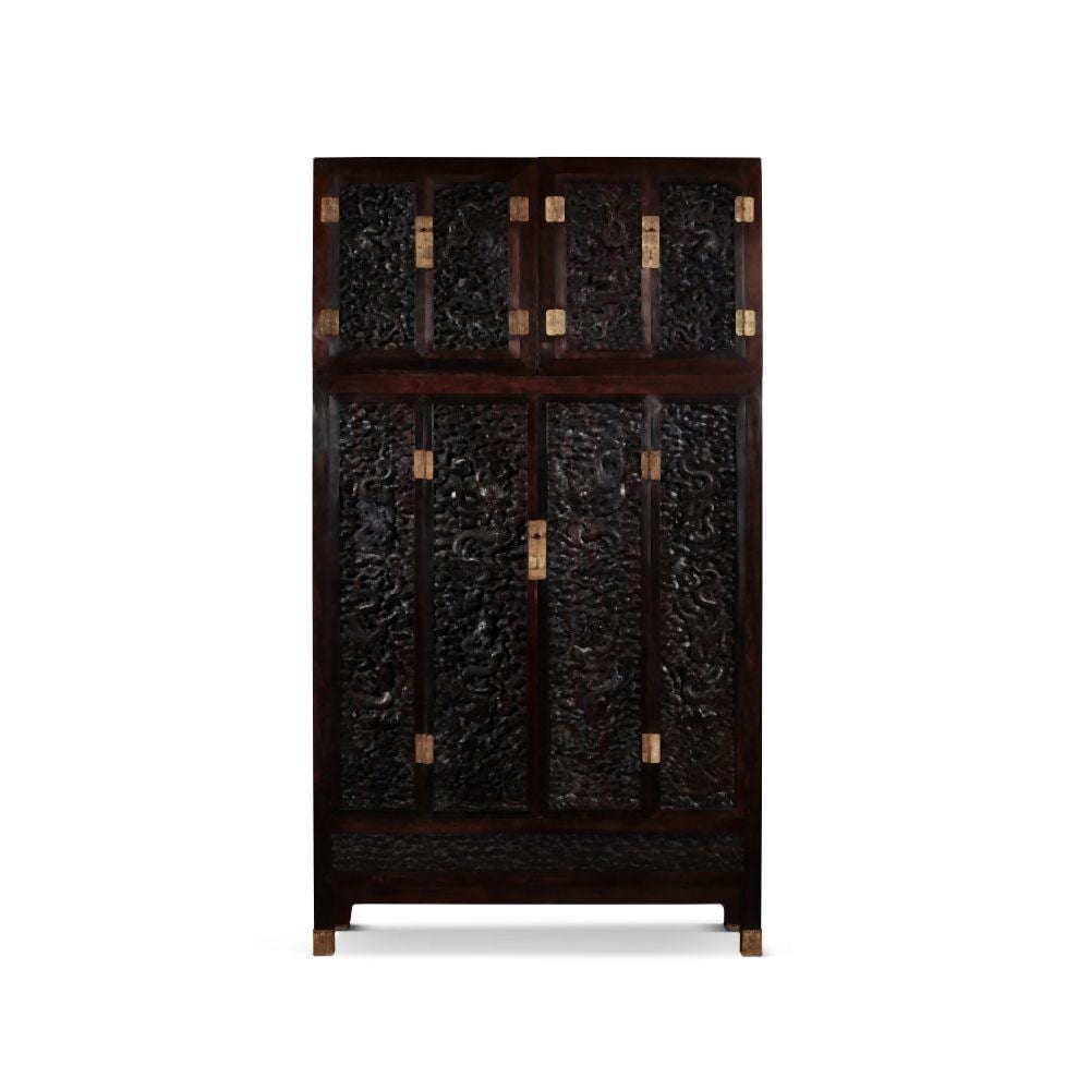An exceptional and massive zitan 'dragon' compound cabinet, Qing dynasty, Kangxi period | 清康熙 御製紫檀雲龍紋雙聯頂箱櫃 comparable sale