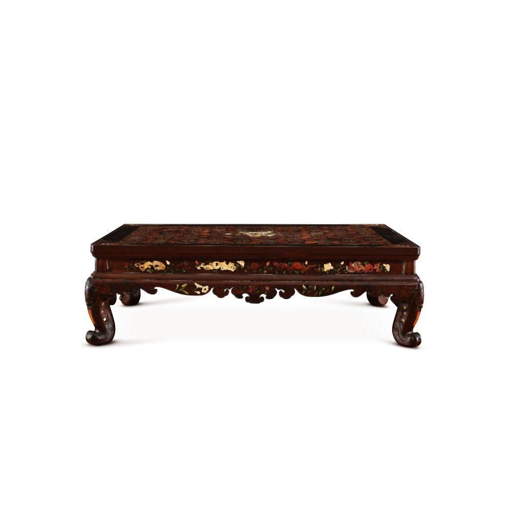A hardstone-inlaid zitan low table, kangzhuo, Qing dynasty, Kangxi period | 清康熙 紫檀百納鑲面百寶嵌螭龍花卉紋高束腰炕桌 comparable sale