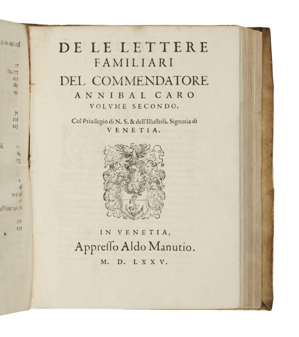 Romulus Candea comparable auction result: caro de le lettere venice aldus 1574 1575 contemporary limp vellum