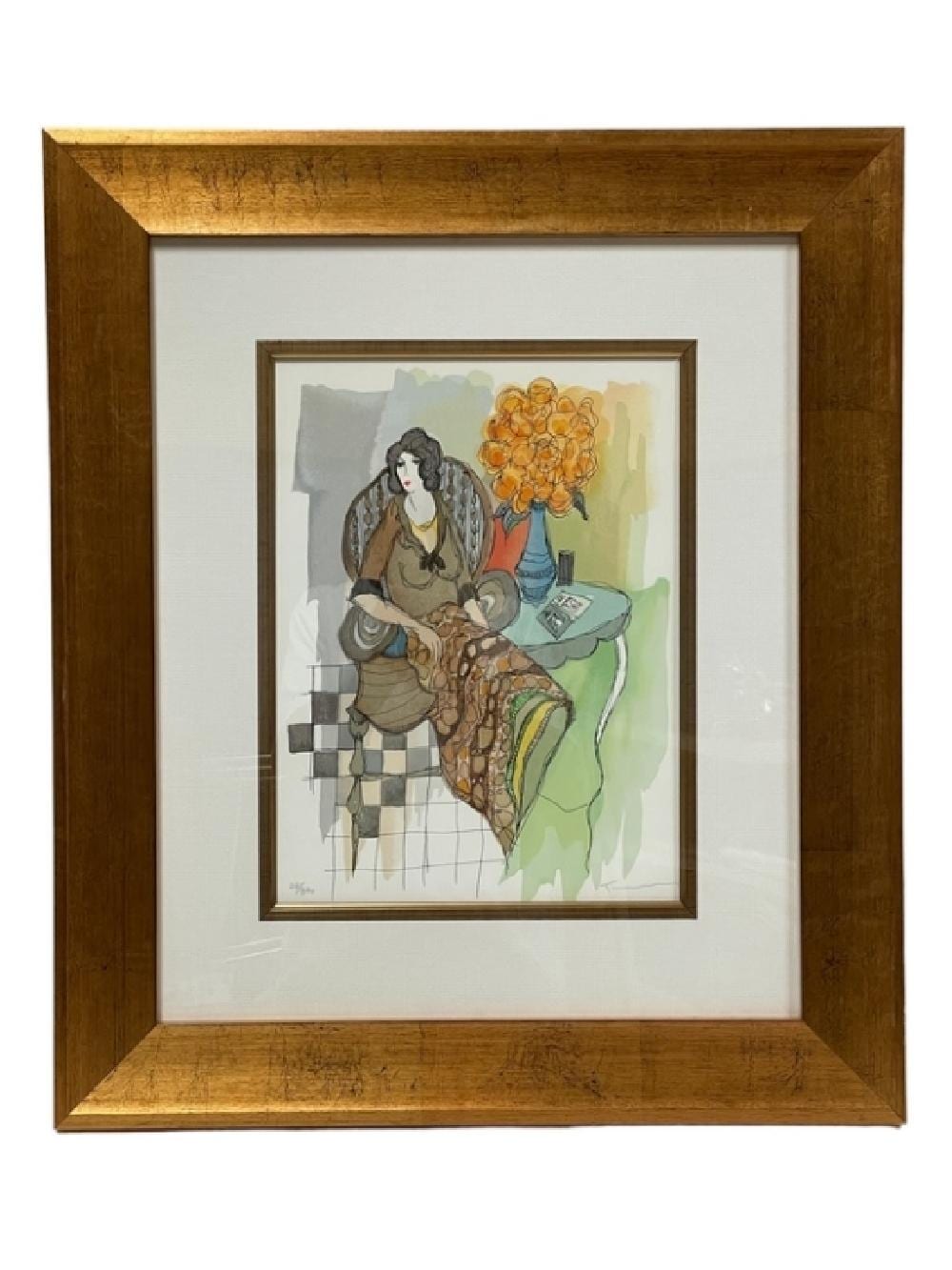 Framed serigraph print showing a seated woman holding a bouquet of orange flowers at a checkered table.