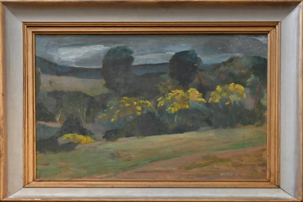 Frank Werther comparable auction result: frank werther landscape with wattle 1963 oil on board signed and dated lower right 45 x 56 5cm frame size 61 x 73cm provenan