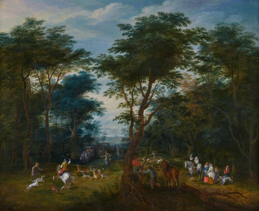 A. Hunt comparable auction result: a wooded landscape with a stag hunt and elegant figures
