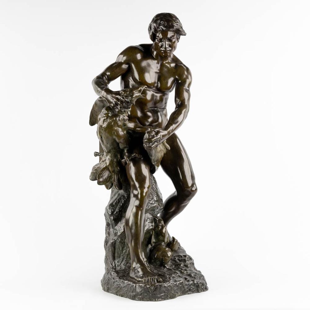 Anatole Guillot comparable auction result: anatole guillot 1865 1911 hunter with an eagle patinated spelter l 38 x w 29 x h 78 cm