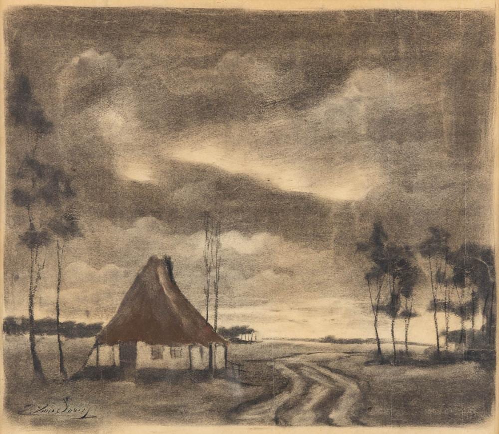 Emile van Doren comparable auction result: emile van doren 1865 1949 landscape with a farmhouse pencil and charchoal on paper w 35 x h 30 cm