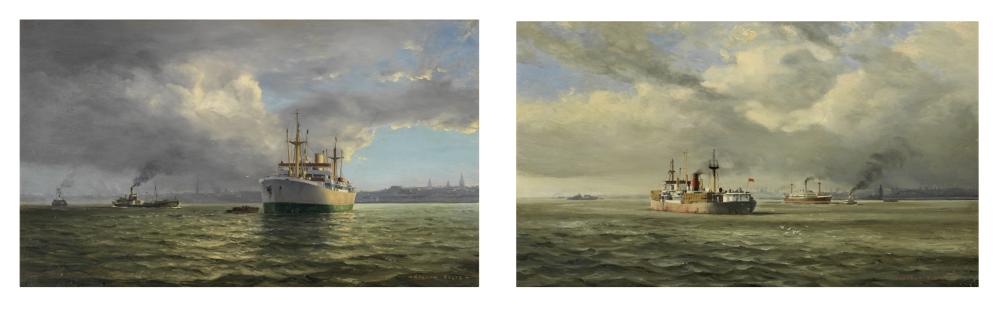 Gordon Ellis comparable auction result: gordon ellis british 1921 1979 mersey shipping waiting for the tide mersey shipping the deck cargo a pair each 32 x 54cm 12 5 8 x 21 1 4in 2