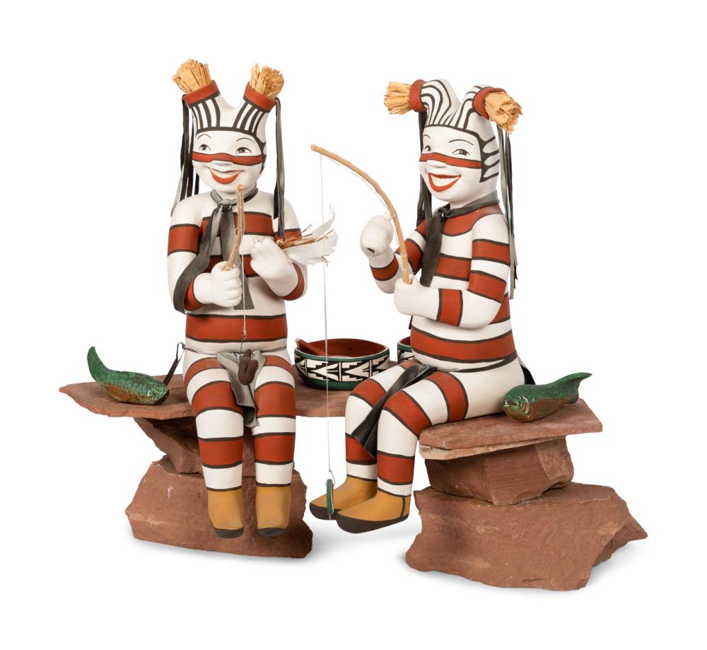 Kathleen Wall comparable auction result: kathleen wall jemez b 1973 koshare fishers two figures with fish and watermelon bowls