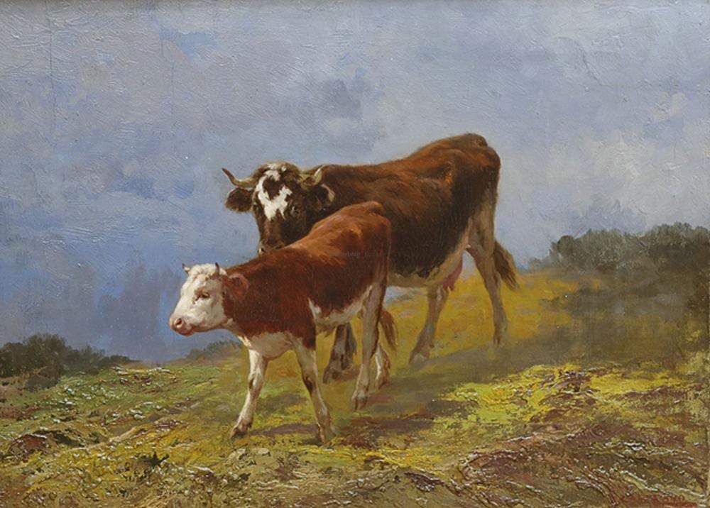 John Edmund Califano comparable auction result: john edmund califano kuh mit kalb auf einer bergweide