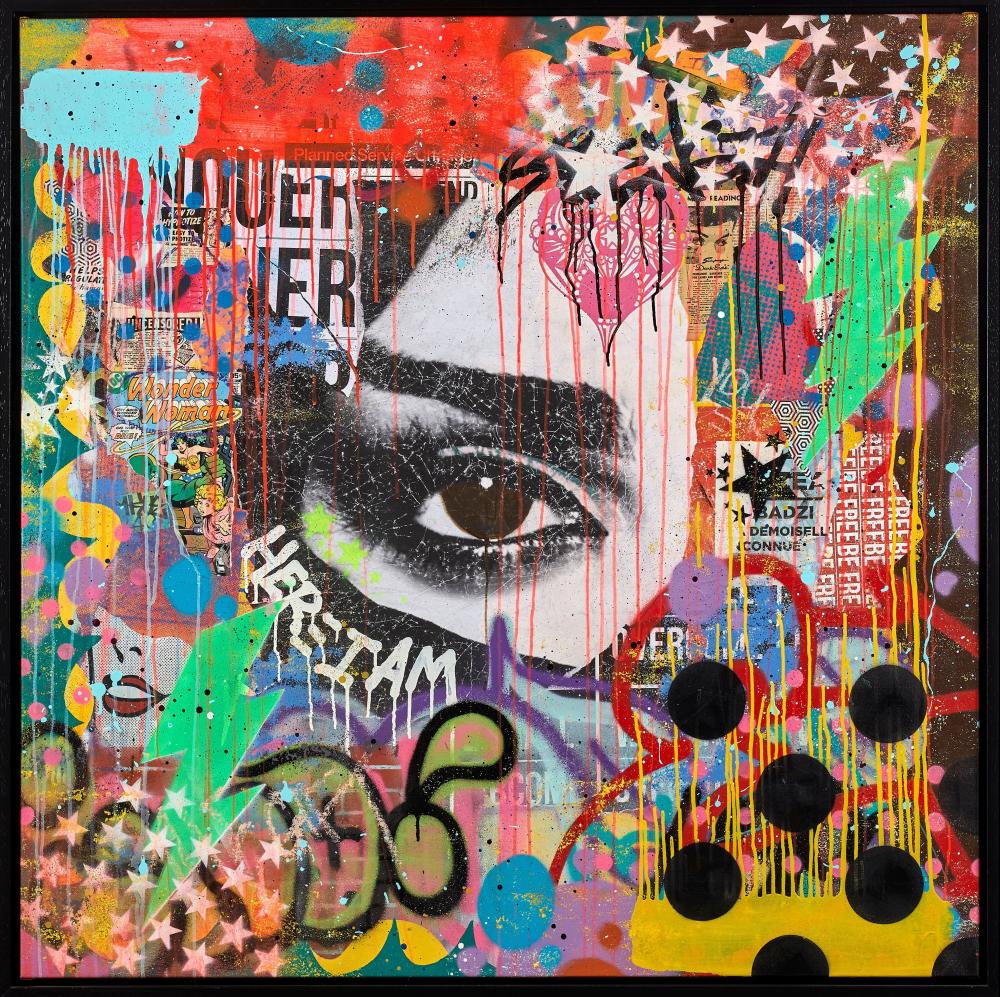 INDIE184 comparable auction result: indie 184 n e en 1980 strenght in truth 2017 acrylique peinture a rosol et collages sur toile