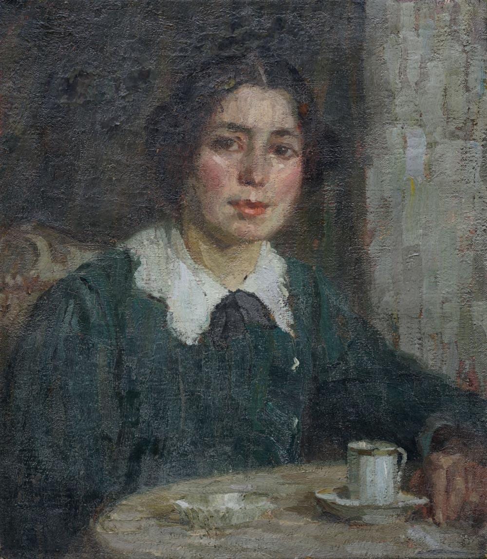 Alfred (1867) Schmidt comparable auction result: alfred schmidt junge frau beim kaffee um 1920