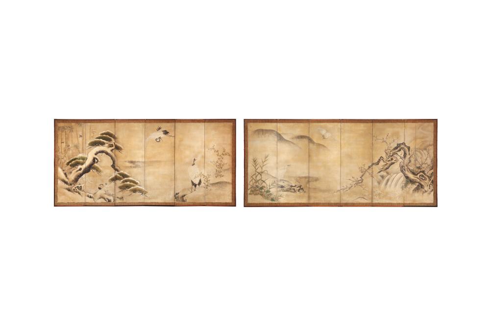 A PAIR OF JAPANESE KANO SCHOOL SIX-FOLD PAPER SCREENS, BYOBU sold by Chiswick Auctions, lot 1031 — auction record photograph