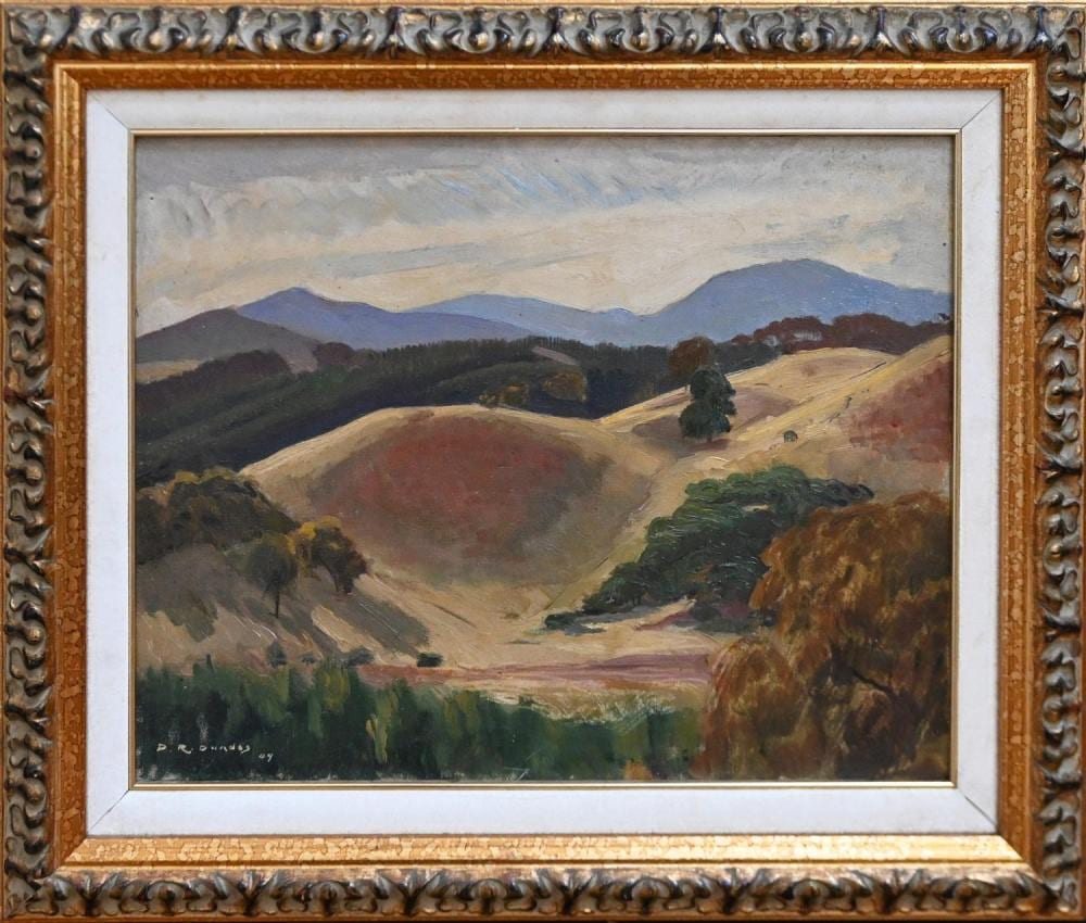 Douglas Dundas comparable auction result: douglas dundas evening near cotter 1949 oil on canvas signed and dated lower left titled verso 32 x 40 5cm frame size 46 x 54