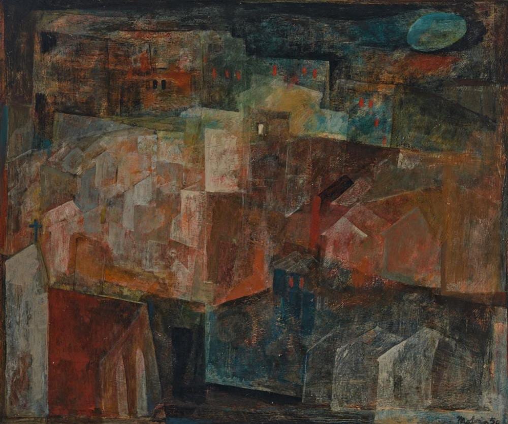 Jon Molvig comparable auction result: jon molvig 1923 1970 town nocturne 1955 oil on masonite 74 x 89 cm frame 83 x 98 x 4 cm