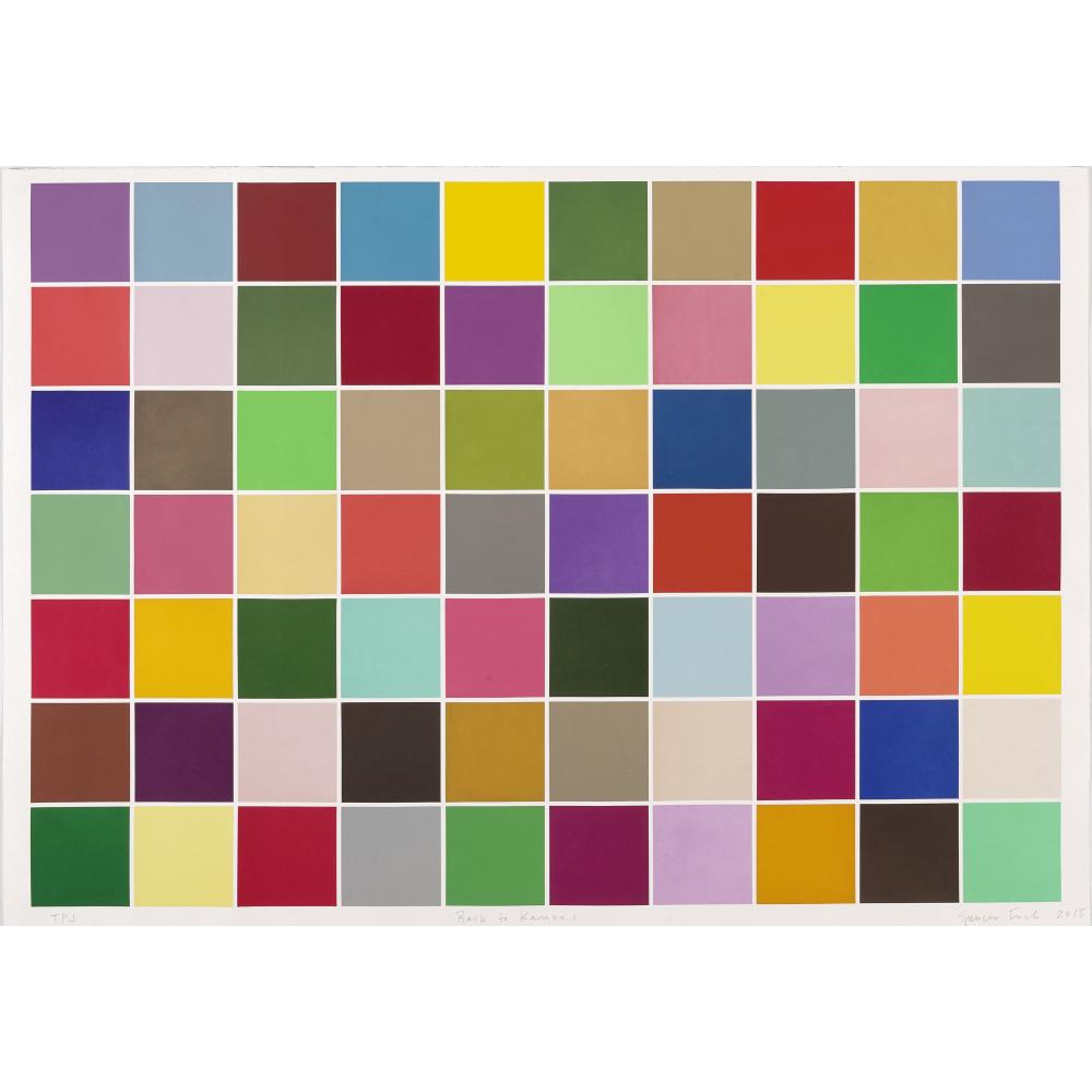 Square color tiles arranged in a grid with multiple bright shades on a white background, with small artist-style signatures at the bottom.