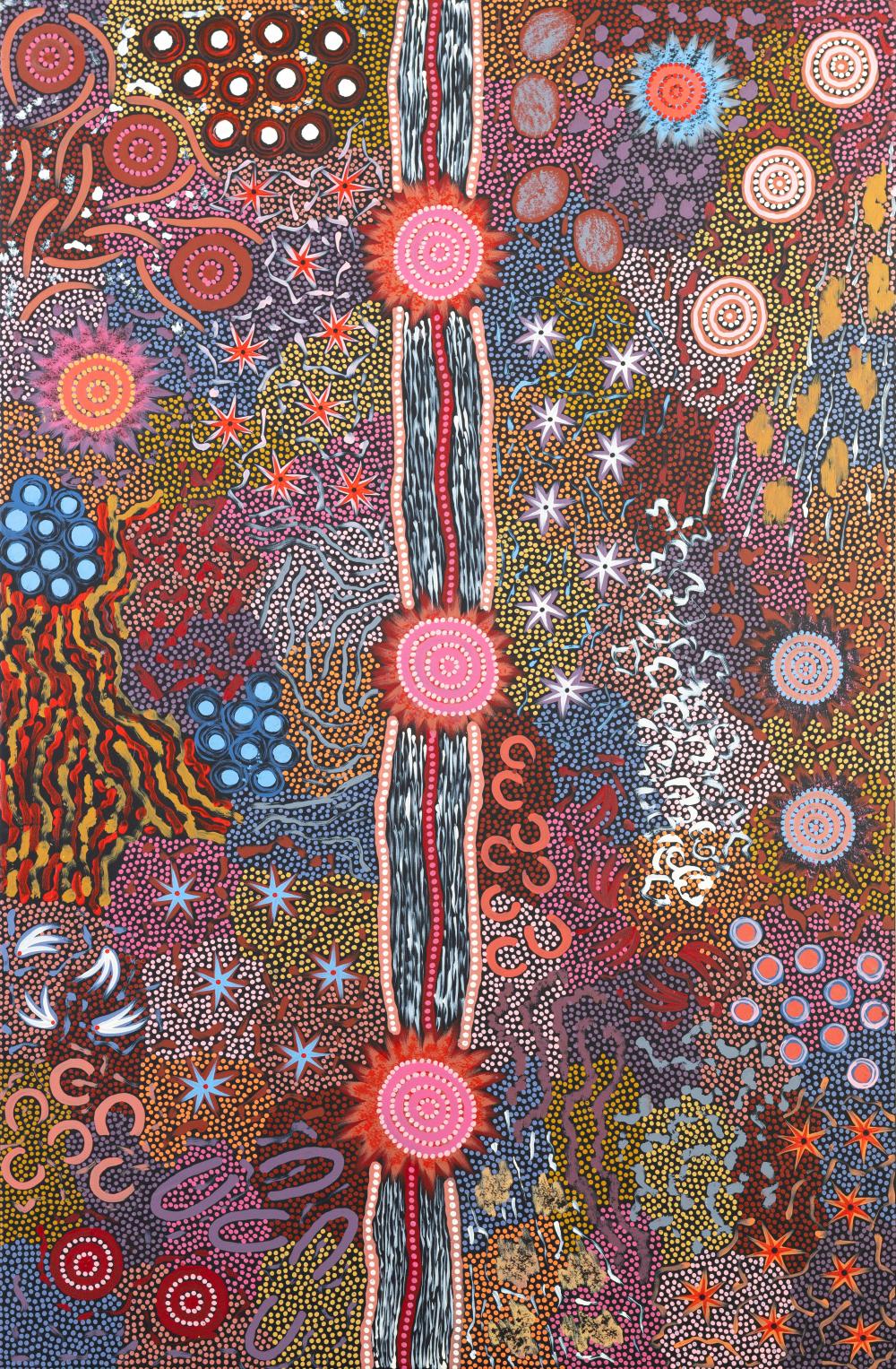 Vivid dot-painting style artwork with bold central striped shape and surrounding circles, stars, and flowing animal-like figures.