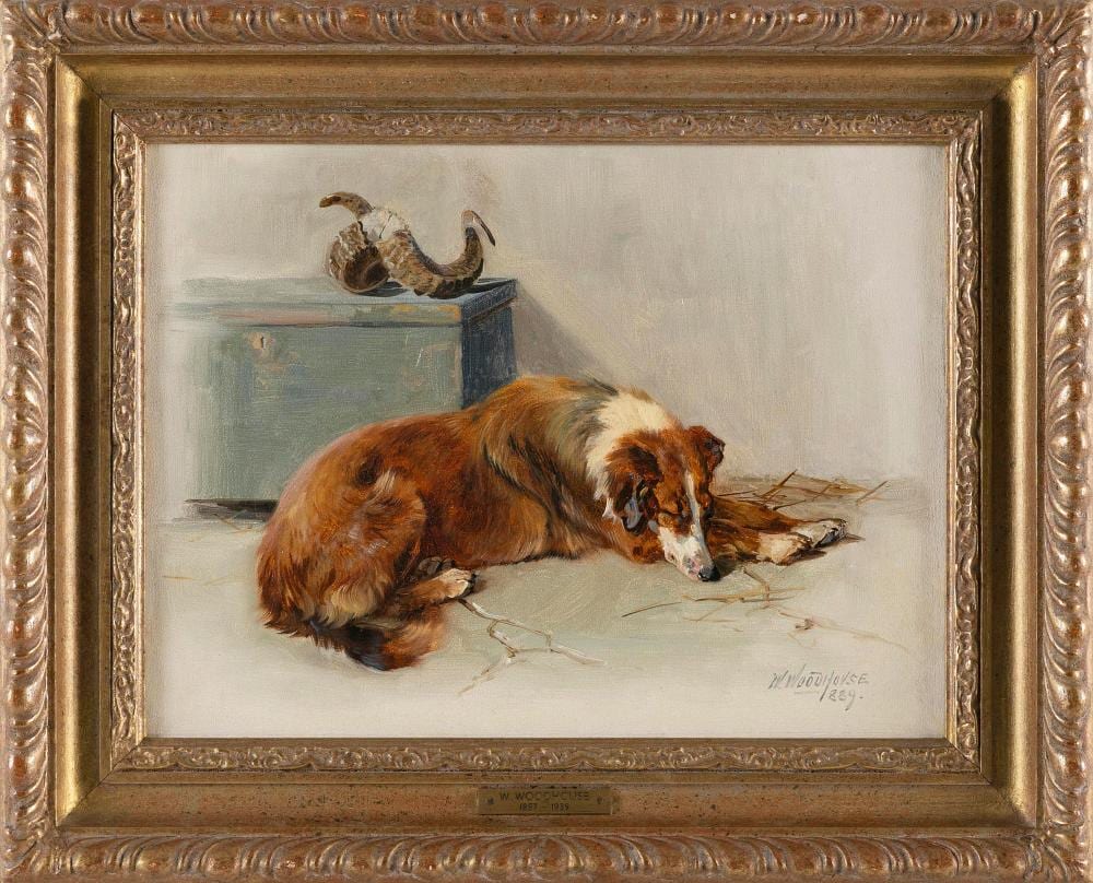 William Woodhouse comparable auction result: william woodhouse united kingdom 1857 1939 reclining dog oil on canvas 9 5 x 12 25 framed 13 x 18