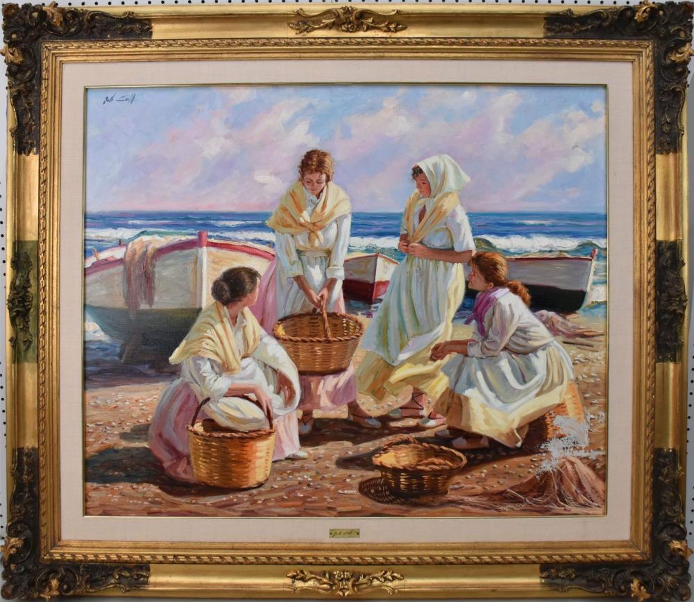 Jose Lull comparable auction result: jose lull spanish 1933 oil on canvas woman on shore de charla 1988 43 x 51 overall large rub stretch with paint loss right lower corner