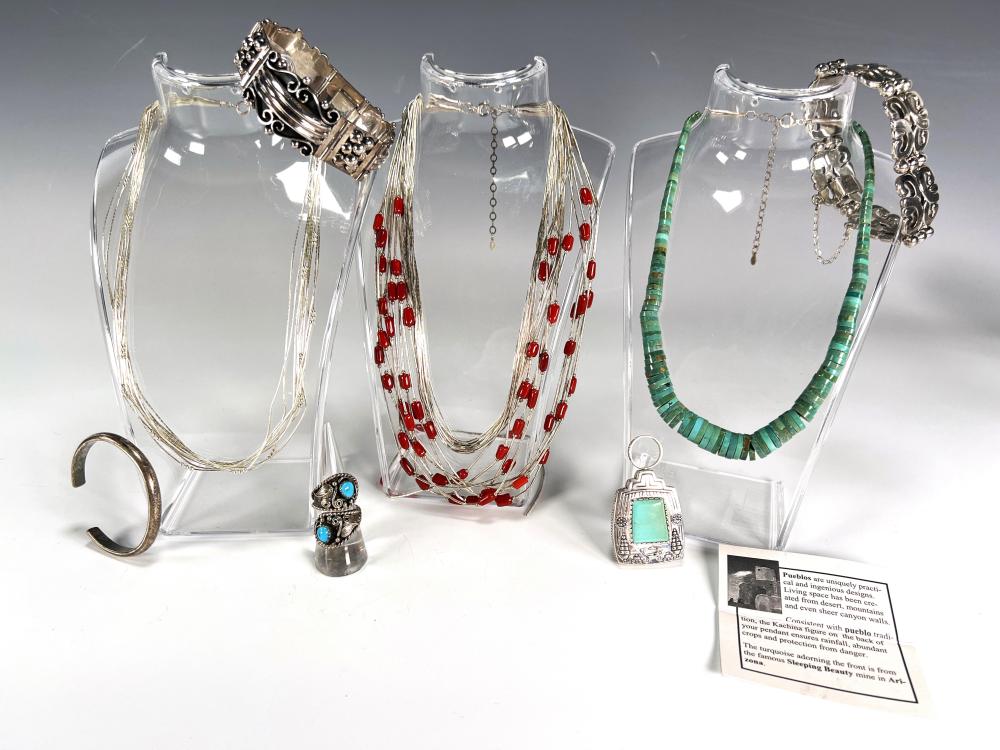 Auction comp thumbnail for MEXICAN & NATIVE AMERICAN STERLING TURQUOISE JEWELRY (Converse Auctions, Lot 389)