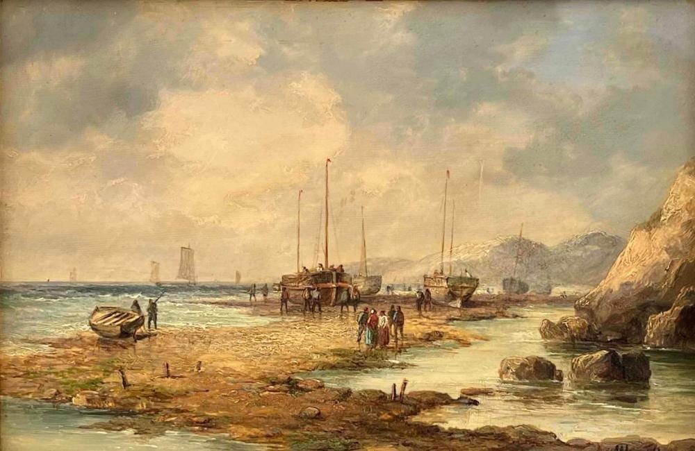 John Mundell comparable auction result: john mundell british 1818 1875 mersey fisherfolk oil on board